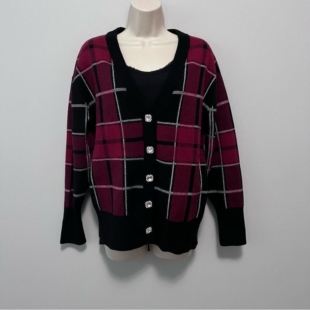 Tahari Plaid Button-Up Sweater Cardigan Size M